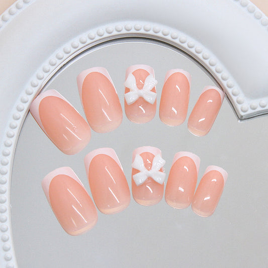 Charming Bliss Elegant Medium Square Peach Press On Nail Set with Cute Bow Accents
