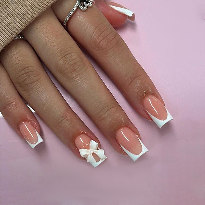 Charming Elegance Medium Square Peach and White Press-On Nail Set with Cute Bow Detail
