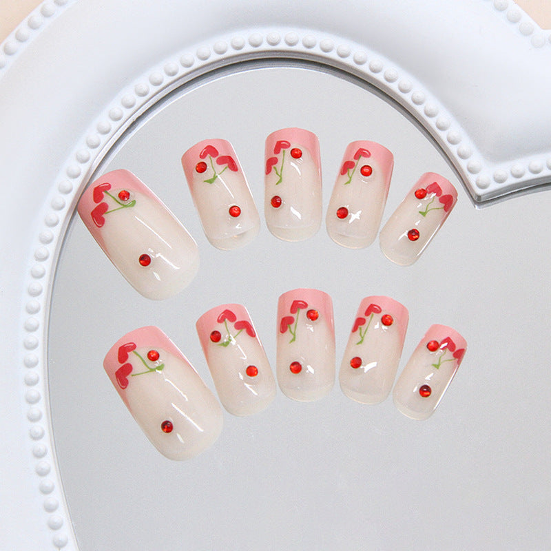 Cherry Blossom Delight Press On Nail Set in Medium Square Shape Pink with Floral Design and Gemstone Accents