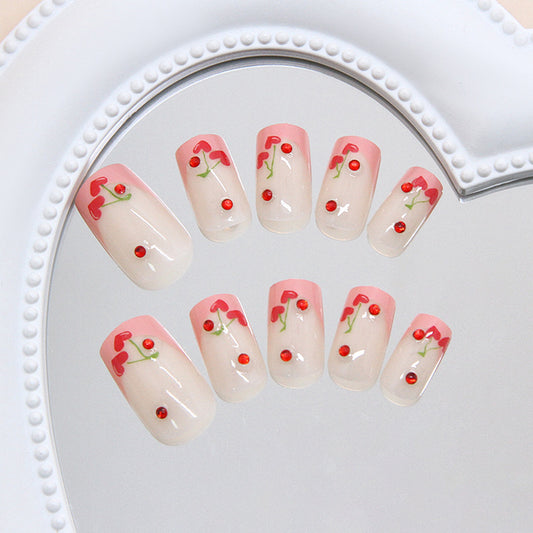Cherry Blossom Delight Press On Nail Set in Medium Square Shape Pink with Floral Design and Gemstone Accents