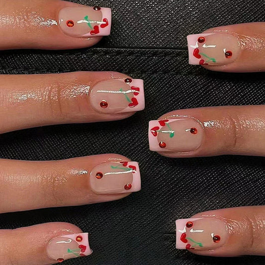 Cherry Blossom Delight Medium Square Pink Glossy Nail Set with Embellished Heart Designs