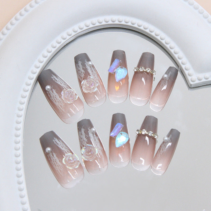 Glamorous Floral Fantasy Long Coffin Ombre Peach Press On Nail Set with Bejeweled Accents and Pearl Details