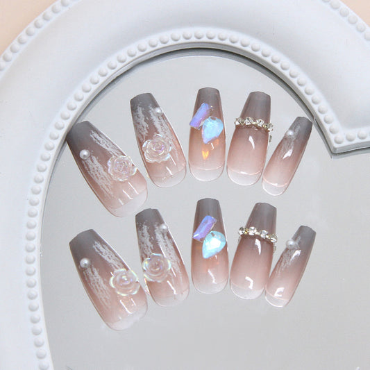 Glamorous Floral Fantasy Long Coffin Ombre Peach Press On Nail Set with Bejeweled Accents and Pearl Details