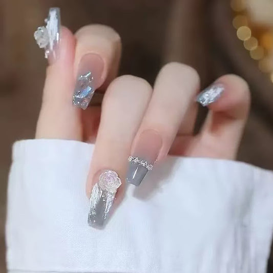 Glamorous Elegance Long Coffin Crystal Embellished Gray and Clear Press On Nail Set