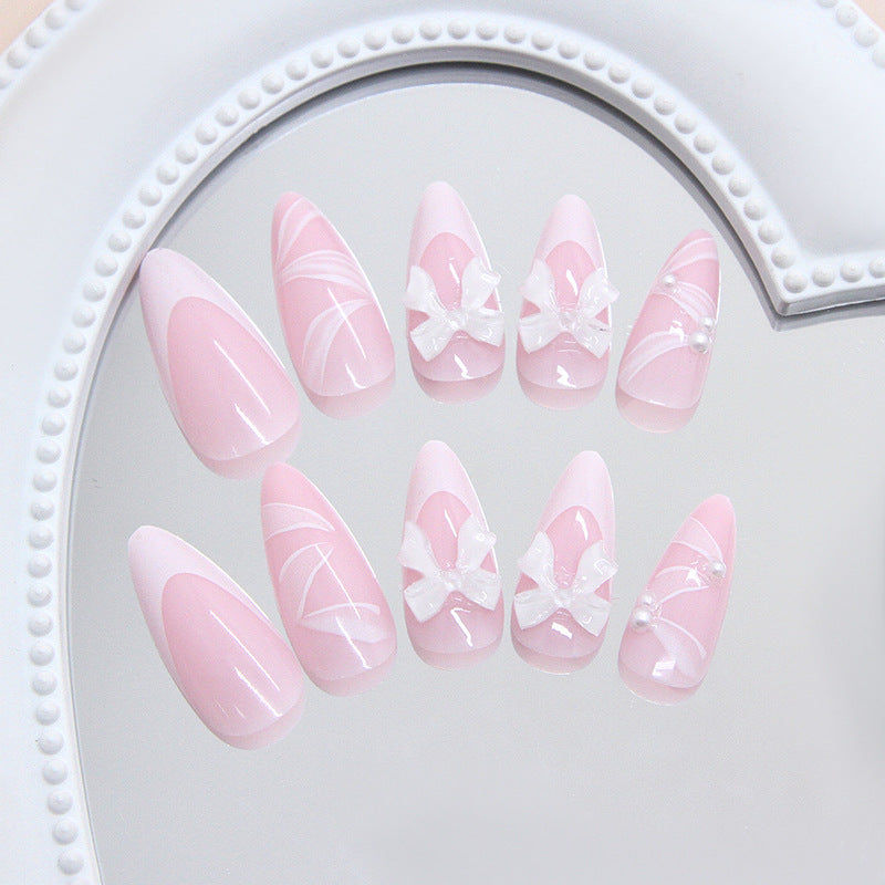 Charming Spring Blossom Press On Nail Set Long Almond Pink with Elegant Bow and Pearl Accents
