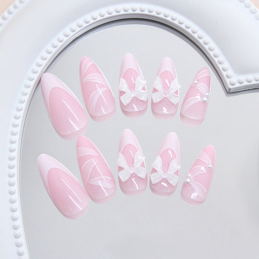 Charming Spring Blossom Press On Nail Set Long Almond Pink with Elegant Bow and Pearl Accents
