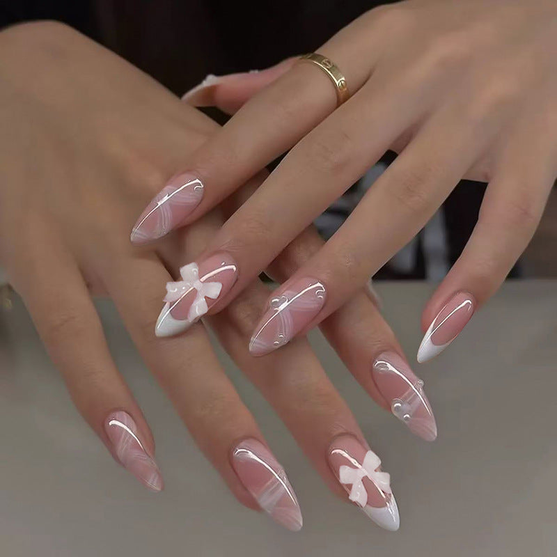Whimsical Elegance Long Almond Pink and White with Charming Bow Detail Press On Nail Set