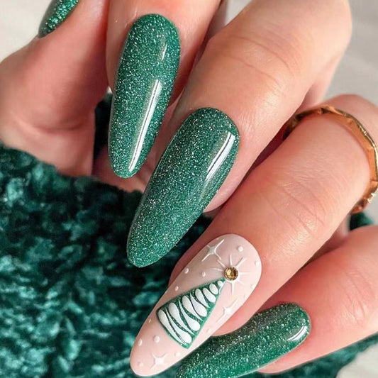 Emerald Enchantment Long Almond Green Glitter Press On Nails with Accent Gem Design