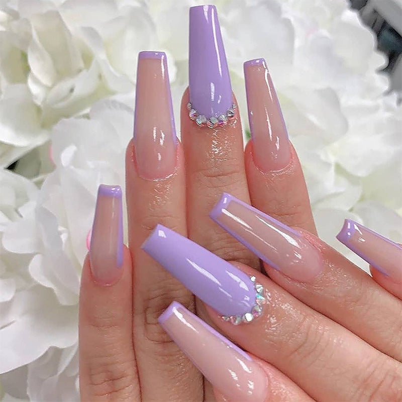 Lavender Dream Long Coffin Lavender Press On Nail Set with Rhinestone Accents