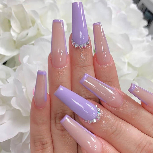 Lavender Dream Long Coffin Lavender Press On Nail Set with Rhinestone Accents