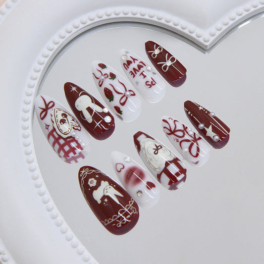 Enchanting Holiday Charm Elegant Medium Almond Burgundy and White Press-on Nail Set with Festive Designs and Adornments