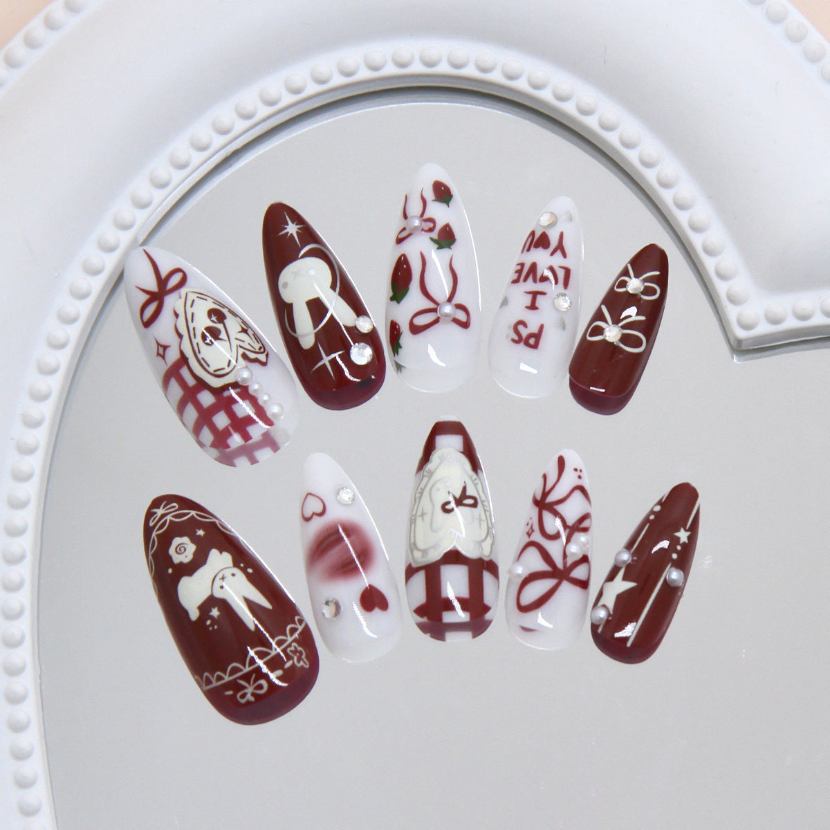 Festive Whimsy Medium Almond Burgundy Red with Cute Holiday Illustrations Press on Nail Set