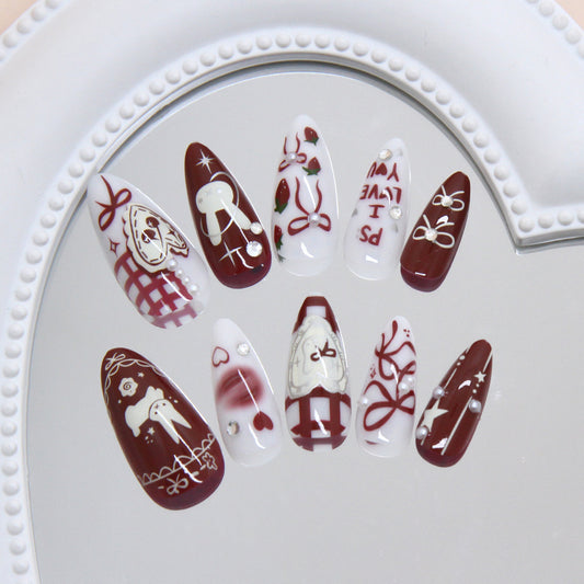 Festive Whimsy Medium Almond Burgundy Red with Cute Holiday Illustrations Press on Nail Set