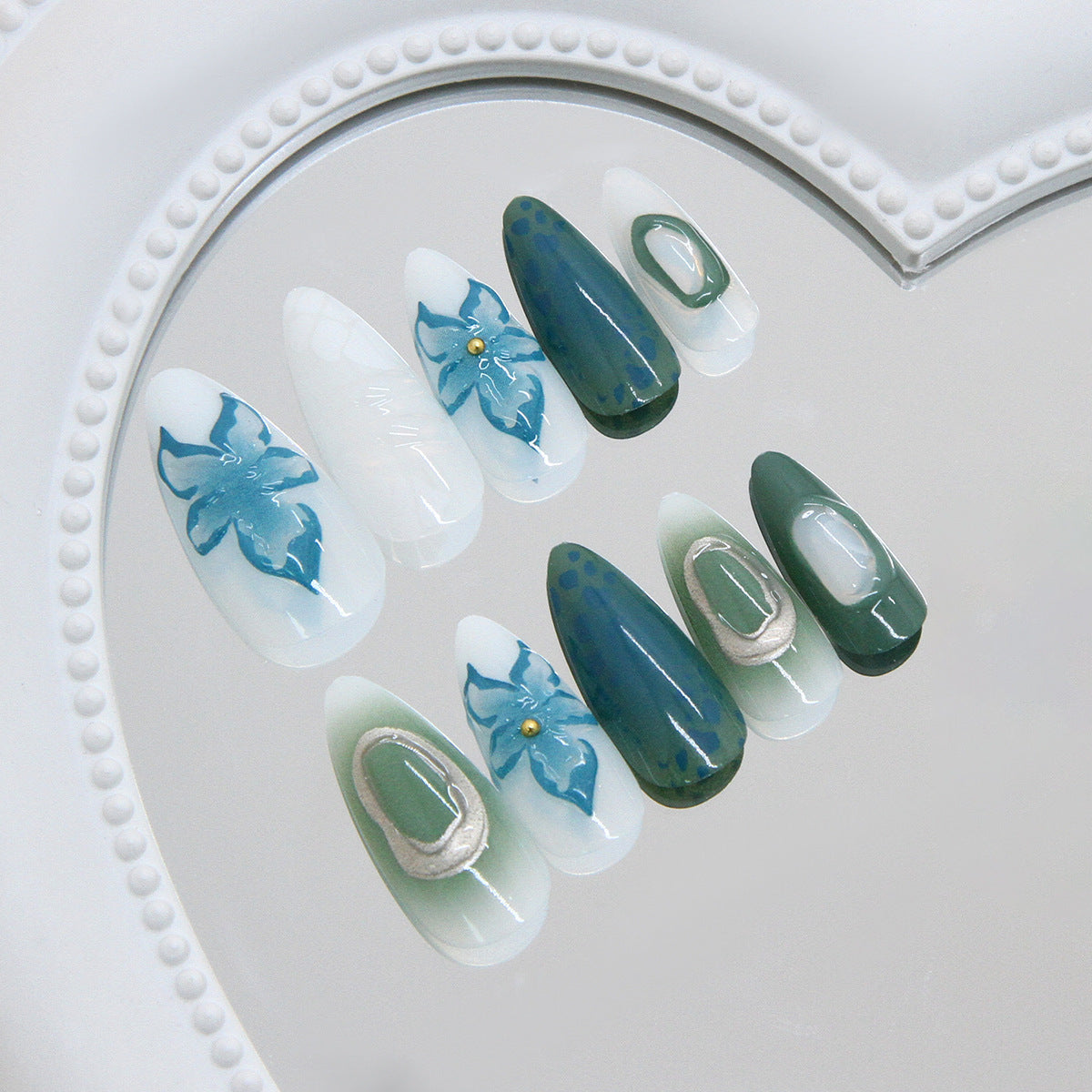 Botanical Bliss Medium Almond Green and White Press on Nail Set with Floral Accents and Jewel Embellishments