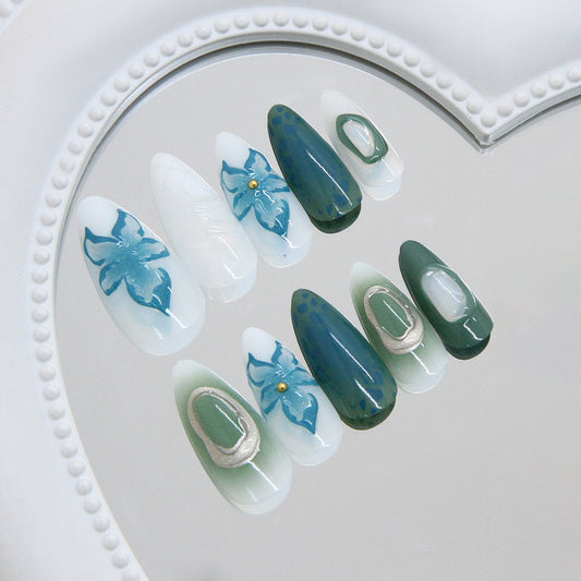 Botanical Bliss Medium Almond Green and White Press on Nail Set with Floral Accents and Jewel Embellishments