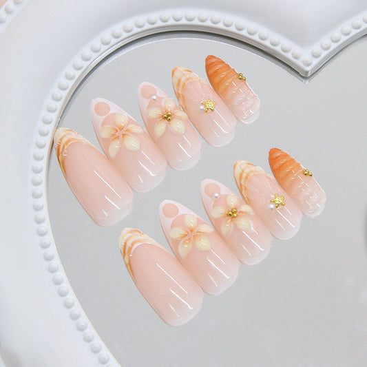 Tropical Bliss Long Almond Peach Press on Nail Set Featuring Floral and Shell Accents