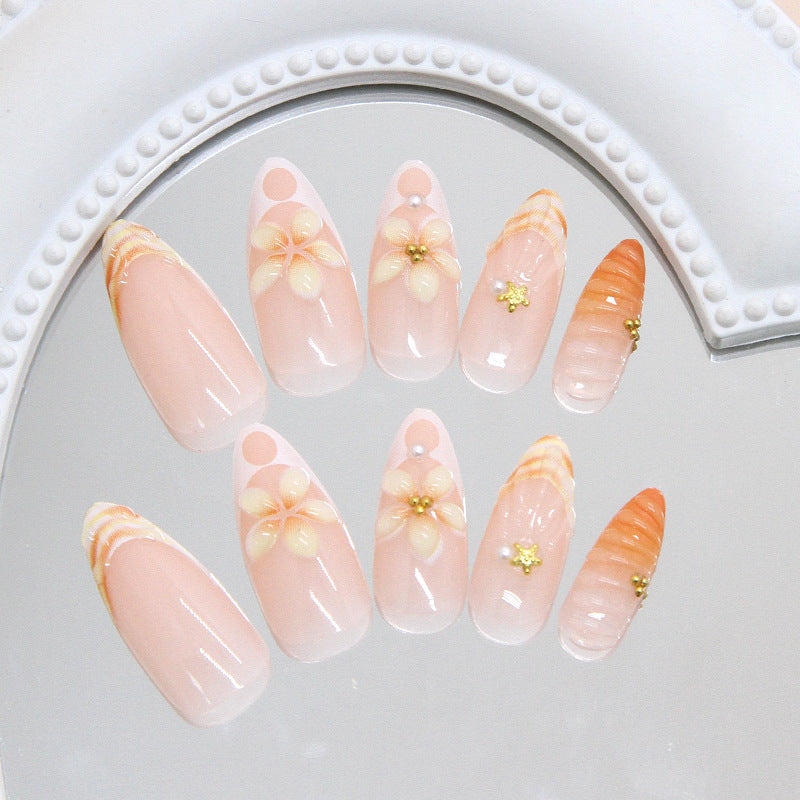 Tropical Paradise Elegant Long Almond Pink Floral Press On Nail Set with Shimmering Accents