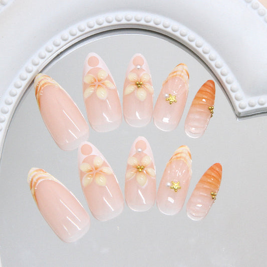 Tropical Paradise Elegant Long Almond Pink Floral Press On Nail Set with Shimmering Accents