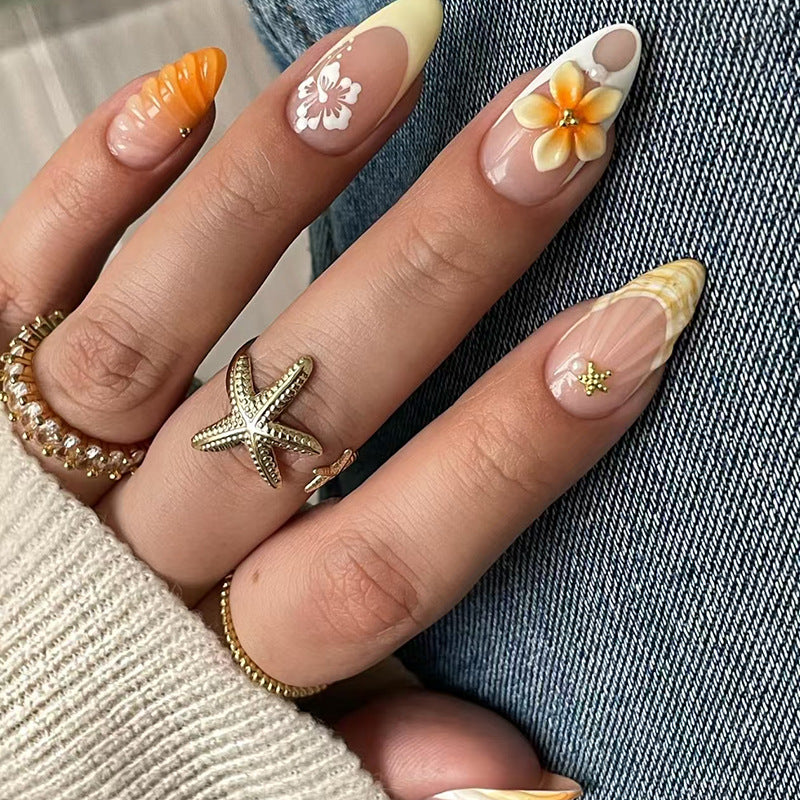 Tropical Sunset Almond Shaped Long Yellow and Orange Floral Press on Nail Set with Shell Accents