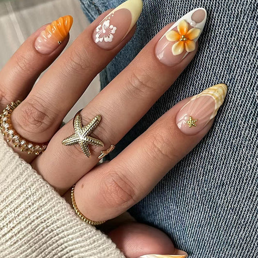 Tropical Sunset Almond Shaped Long Yellow and Orange Floral Press on Nail Set with Shell Accents