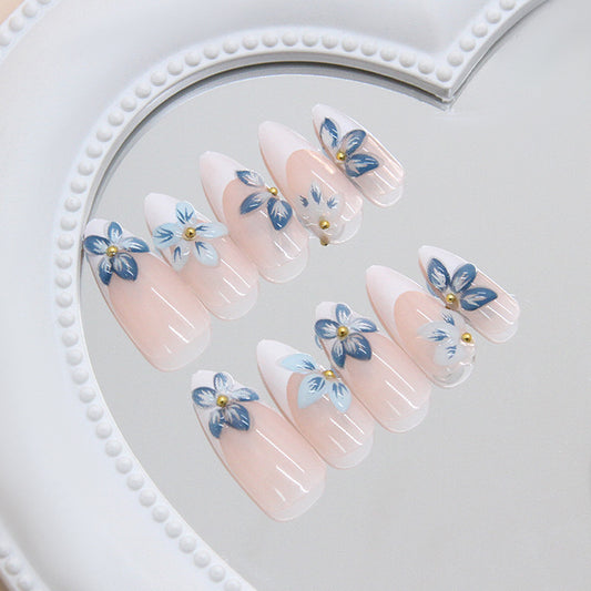 Floral Delight Long Almond Pink with Blue Floral Accents and Charming Gold Beads Press On Nail Set