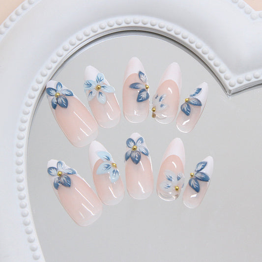 Blossoming Elegance Long Almond Pink and White Press-On Nail Set with Delicate Floral Accents