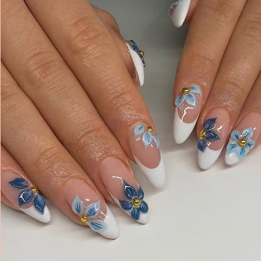 Floral Elegance Stylish Long Almond Shaped White and Blue Press On Nail Set with Beautiful Flower Accents