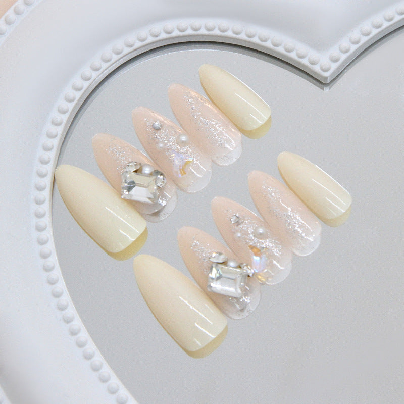 Dreamy Elegance Long Almond Soft Beige with Sparkling Crystals Nail Set
