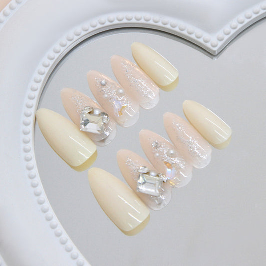 Dreamy Elegance Long Almond Soft Beige with Sparkling Crystals Nail Set