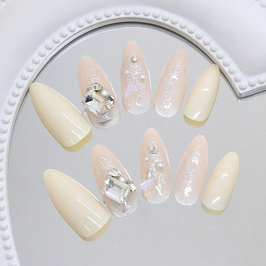 Glamorous Elegance Long Almond Beige and Soft Yellow Press On Nail Set with Sparkling Gemstone Accents