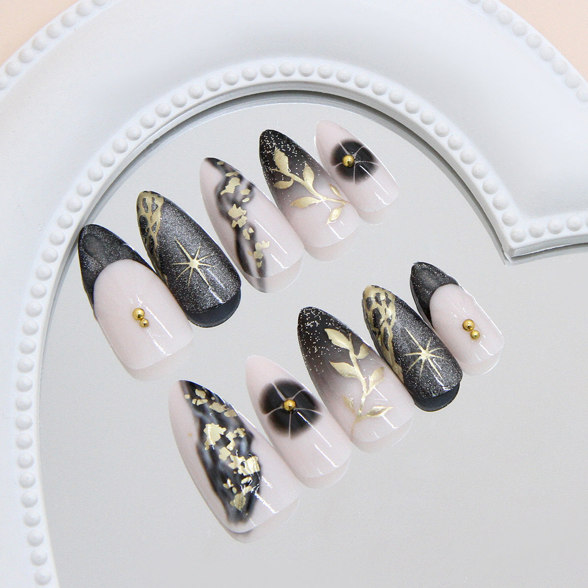 Mystical Nightfall Long Almond Shaped Black and Beige Press On Nail Set with Glitter and Intricate Gold Detailing