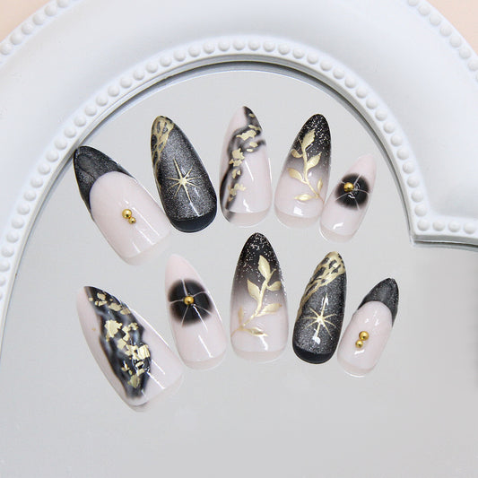 Gothic Elegance Long Almond Black and Beige Press On Nail Set with Gold Floral Accents