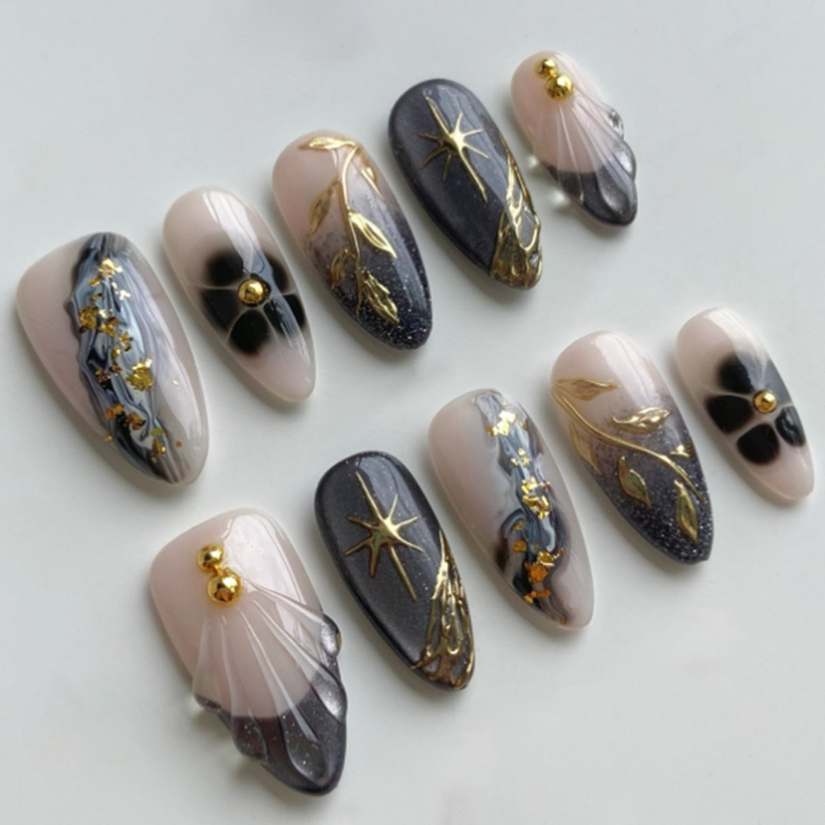 Bohemian Elegance Medium Almond Gradient Beige and Dark Black Press on Nail Set with Gold Leaf Accents