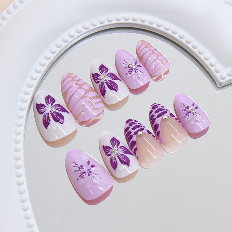 Enchanting Floral Elegance Medium Almond Purple Gradient with Unique Butterfly Designs Press-On Nail Set