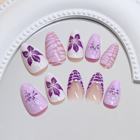 Whimsical Garden Pastel Purple Medium Almond Shaped Press On Nail Set with Exquisite Floral Designs and Gem Accents