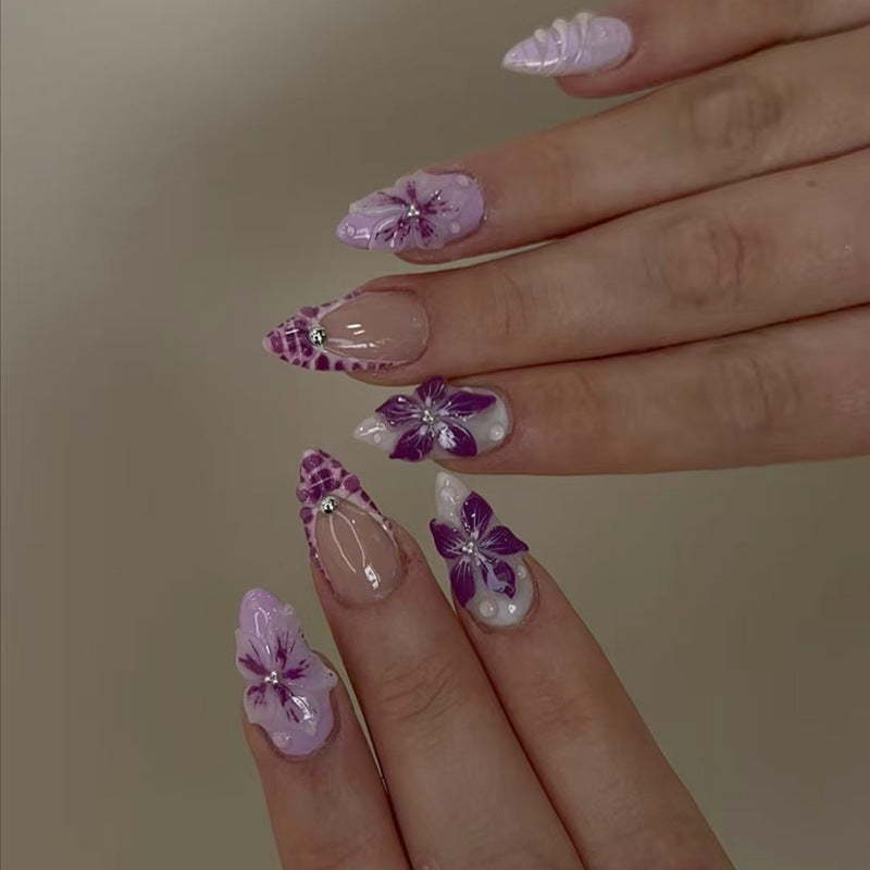 Floral Fantasy Medium Almond Purple Nail Set with Intricate Blossom Designs