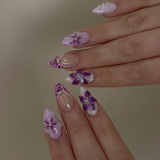 Floral Fantasy Medium Almond Purple Nail Set with Intricate Blossom Designs