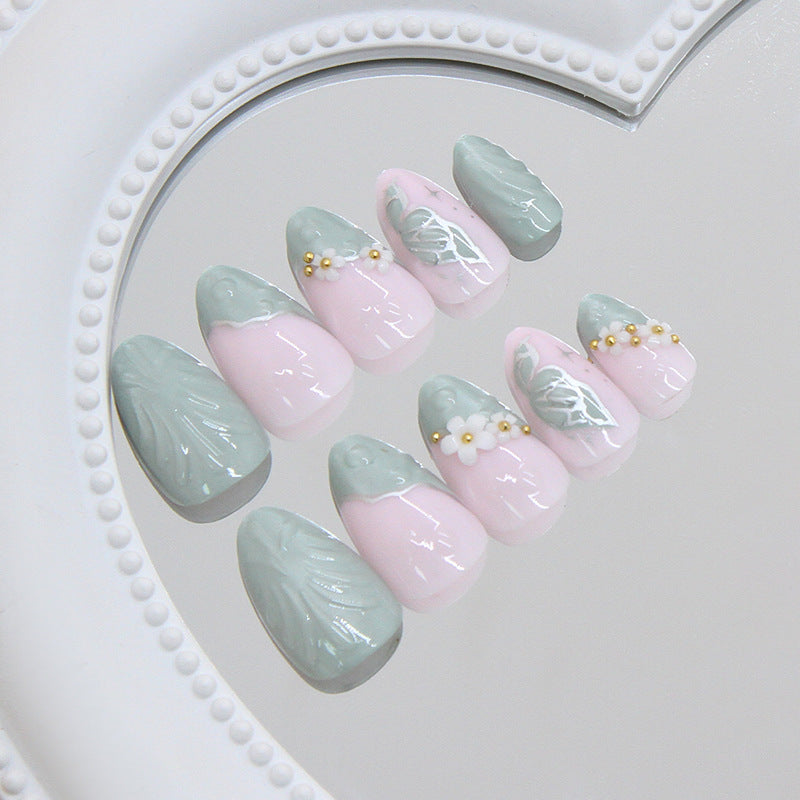 Garden Bloom Medium Almond Pink and Green Press on Nail Set with Delicate Floral Accents