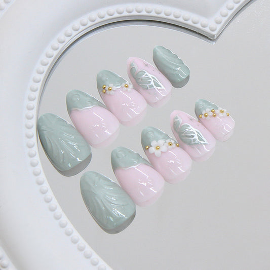 Garden Bloom Medium Almond Pink and Green Press on Nail Set with Delicate Floral Accents
