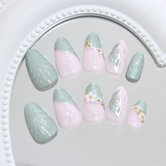 Whimsical Garden Inspired Medium Almond Green and Pink Floral Accent Press On Nail Set