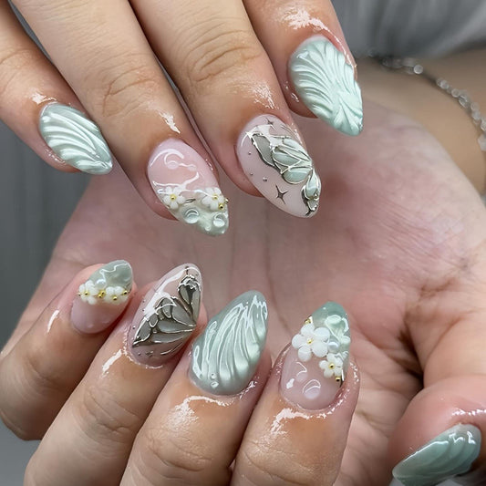 Enchanted Garden Medium Almond Mint Green with Butterfly and Floral Embellishments Nail Set
