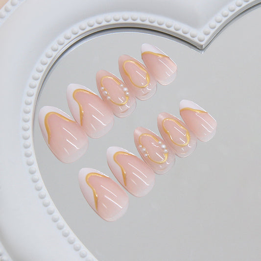 Dreamy Elegance Short Almond Pink Press On Nail Set with Gold Accents and Pearl Details