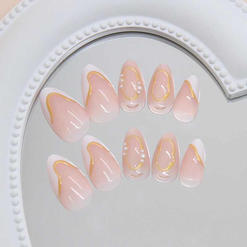 Elegant Serenity Press On Nail Set Short Almond Shape Soft Pink with Gold Accent Design
