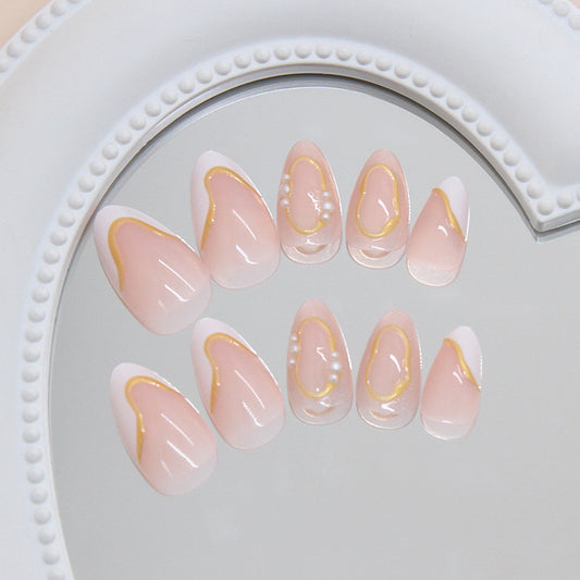 Elegant Serenity Press On Nail Set Short Almond Shape Soft Pink with Gold Accent Design