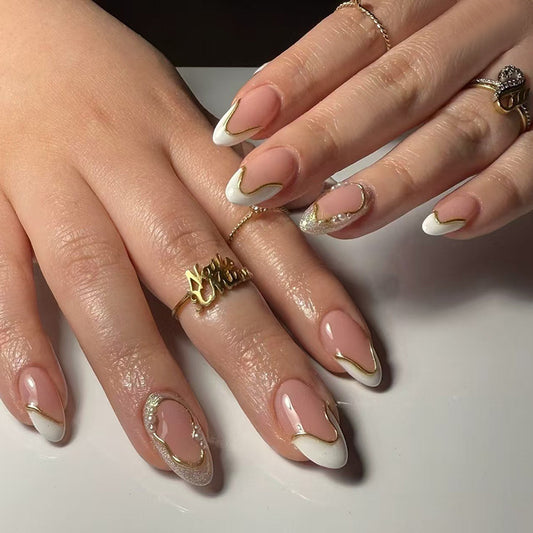 Elegant Affair Short Almond Pink and White with Gold Trim and Sparkling Accents Press on Nail Set