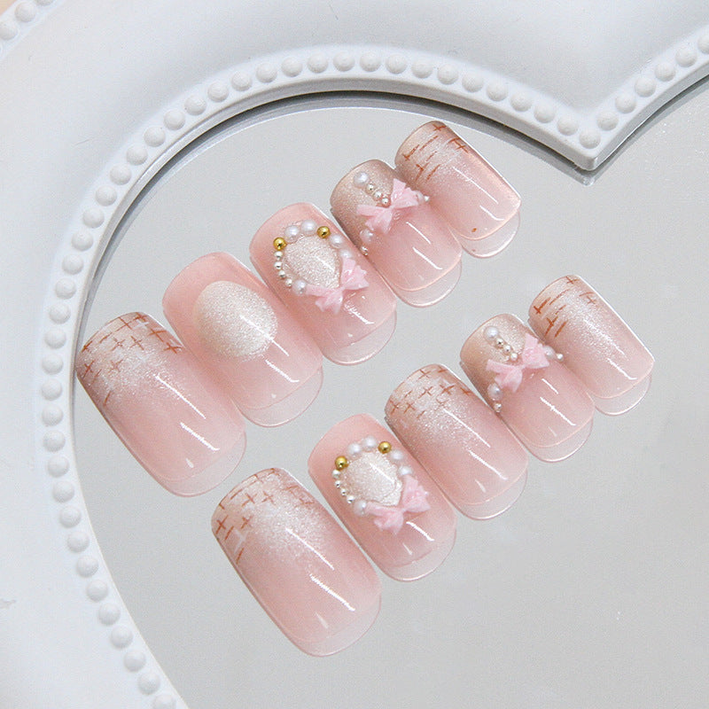 Charming Elegance Medium Square Pink Press On Nail Set with Delicate Bow and Pearl Accents