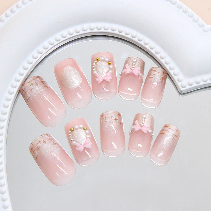 Whimsical Blossom Medium Square Pink Press-On Nail Set with Pearl and Bow Accents