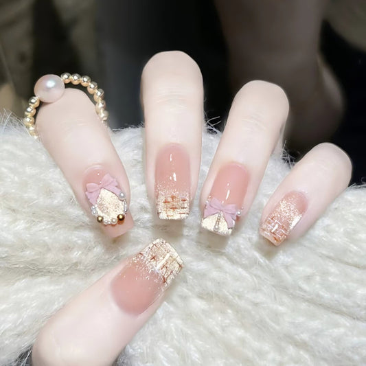 Enchanting Elegance Long Square Blush Pink with Sparkling Glitter Accents Nail Set