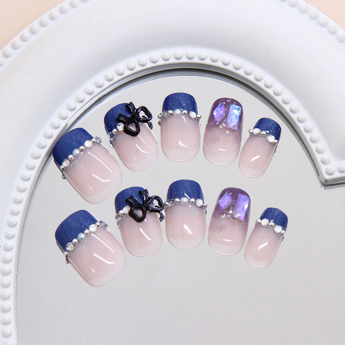 Elegant Undersea Dream Oversized Short Square Blue Ombre with Pearl and Gemstone Accents Press on Nail Set