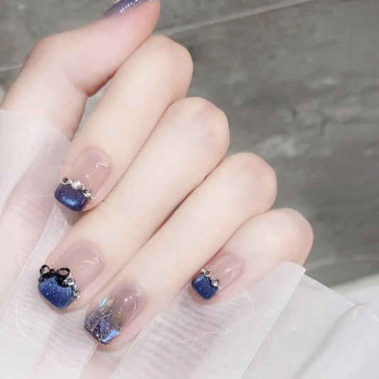 Celestial Dream Nail Set Short Square Blue Ombre with Elegant Gem Accents